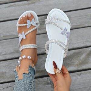 Elegant Women'S Summer Flat Sandals with Sparkling Rhinestone Butterfly Charms, White Faux Cover Open-Toe Slip-On Shoes for Casual Outdoor Wear, Strappy Sandals