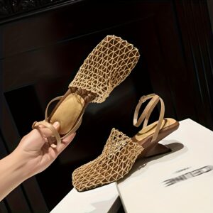 Women'S Retro Woven Square Toe Sandals - Chunky Heel Summer Dress Shoes with Ankle Strap, Brown Braided Design, Comfortable Fabric Upper & Rubber Sole for Casual & Formal Outfits, Chunky Heel Sandals, Formal Footwear, Elegant Footwear, Durable Footwear