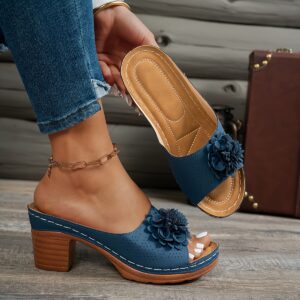Women'S Vintage Floral Decor Mid-Heel Slippers - Slip-On Open-Toe Design, Synthetic Cover Upper & Rubber Sole, All-Season Comfort for Weddings and Casual Wear, Fashionable Shell Color, Durable and Versatile