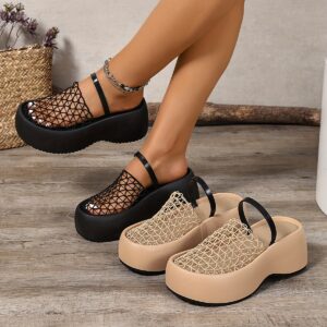 Women'S Casual Slide Sandals - Stylish Comfort with Platform, Thick Sole, and Comfortable Lace Fishnet Upper in Black or Beige. Perfect for Spring and Summer, Ladies' Shoes