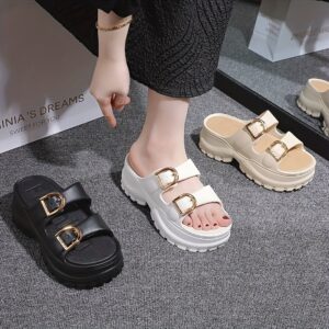 Women'S Elegant Thick Sole Double Strap Sandals with Buckle Closure - 6cm Height Increase, Soft EVA Material, Non-Slip, Open Toe, All-Season Wear, White, Elegant Footwear | Chic Sandals | Elegant Strap