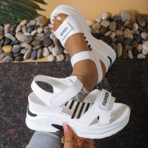 Women'S Summer Fashion Platform Sandals - Casual Open Toe, Hook-and-loop Fastener Strap, White with Black Accents, Rubber Sole, Synthetic Cover, Perfect for Beach or Outdoor Activities, Summer Footwear | Casual Chic | Comfortable Footwear