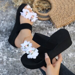 Women's Comfy Thick-Sole Beach Sandals - Open Toe, Black Fabric with Handcrafted 3D Floral Design, EVA Sole, Summer Slip-On Platform Shoes, Casual Slipons|Stylish Platform Heels|Strapless Sandals, Ladies Sandals