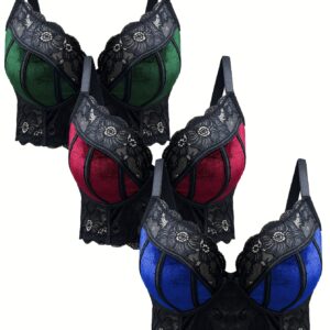 3pcs Women'S Plus Size Sexy Lace Bralette Set - Wireless, No-Pad, Medium Stretch, Color Block Design with Contrast Lace Details