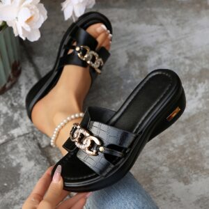Women'S Black Platform Sandals with Golden Buckle, Slip-On, Open-Toe Casual Shoes for Summer, All-Season Comfort, Casual Footwear | Elegant Sandal | Durable Footwear