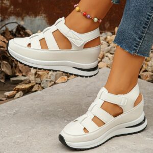 Women'S Fashionable White Platform Sandals - Open Toe, Mid Heel, Synthetic Upper, Rubber Sole, Hook-and-Loop Closure, Perfect for Summer Casual Outings, Casual Footwear | Platform Sandals | Synthetic Upper