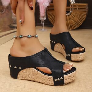 Women's Casual Summer Wedge Sandals - Open Toe, Slip-On Platform with Metallic Studs & Stitching Details, Black Faux Cover, Comfortable Outdoor Footwear for Casual Attire, Ladies Sandals