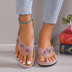 Women's Summer Thick-soled Split Flower Slippers White Women with Floral Decoration Sole Hand-sewn Lightweight Comfortable Fashion Sweet Elegant New Style Wedge Heel Thick Soles High Quality Platform Clog Slippers Zhuocai
