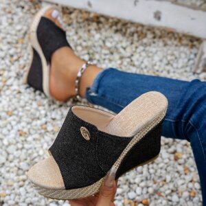 Women'S Black Open Toe Slip-On Wedge Sandals - Thick Rubber Sole, Synthetic Cover Upper, Comfortable Fabric Inner Lining, Casual Summer Footwear for Casual Attire, Strappy Sandal