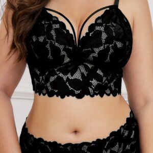 1 Set Plus Size Women's Fashion Floral Print Lace-Up Cross Strap Bow Decorated Semi-Sheer Breathable Underwear Bra & Panties Set