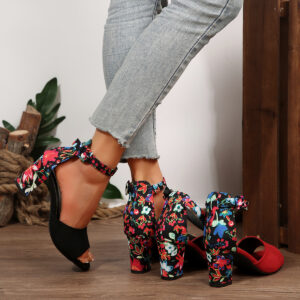 [Durable Build] Women's Floral Print Block Heel Sandals - Elegant Open Toe Ankle Strap Pumps with Faux Cover Lining, Summer Dress Shoes in Vibrant Pink & Blue Floral Patterns, Dressy Sandals | Fashionable Footwear | Durable Pu Sole, High Heel Sandals